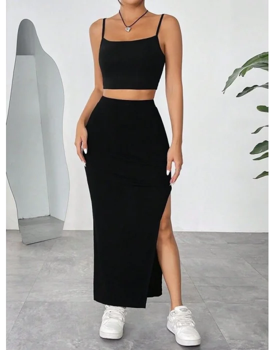 Kadın Kolsuz Askılı Crop Yırtmaçlı Midi Etek Fitilli Kaşkorse Takım
