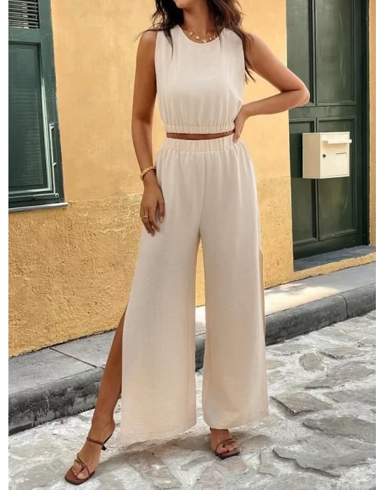 Kadın Kolsuz Beli Lastikli Atlet Ve Yırtmaç Detay Pantolon Ikili Takım