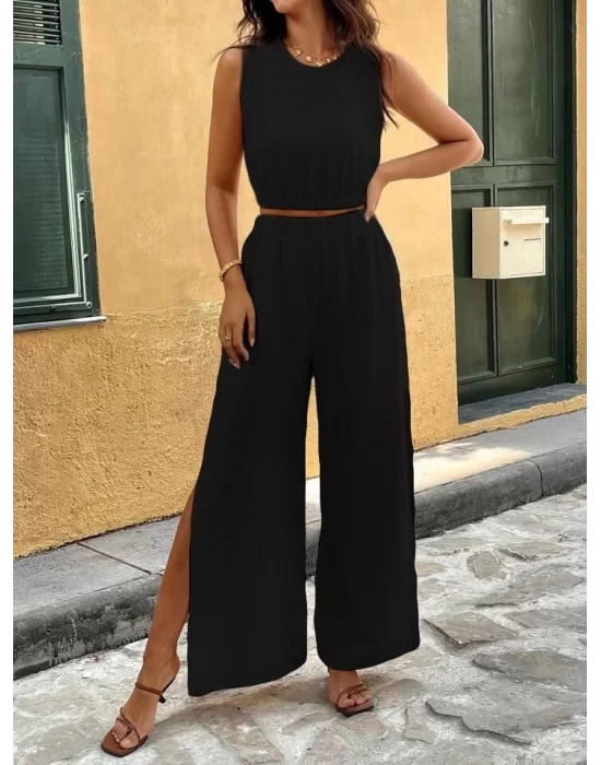 Kadın Kolsuz Beli Lastikli Atlet Ve Yırtmaç Detay Pantolon Ikili Takım