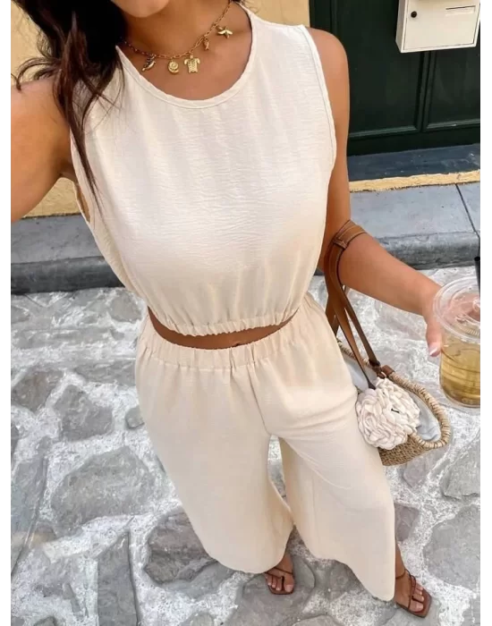 Kadın Kolsuz Beli Lastikli Atlet Ve Yırtmaç Detay Pantolon Ikili Takım