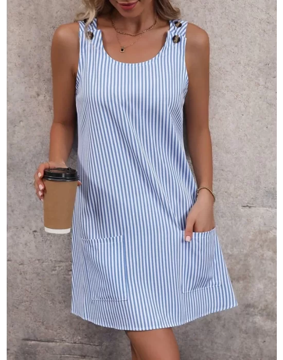 Kadın Kolsuz Bisiklet Yaka çizgili Cepli Poplin Mini Elbise