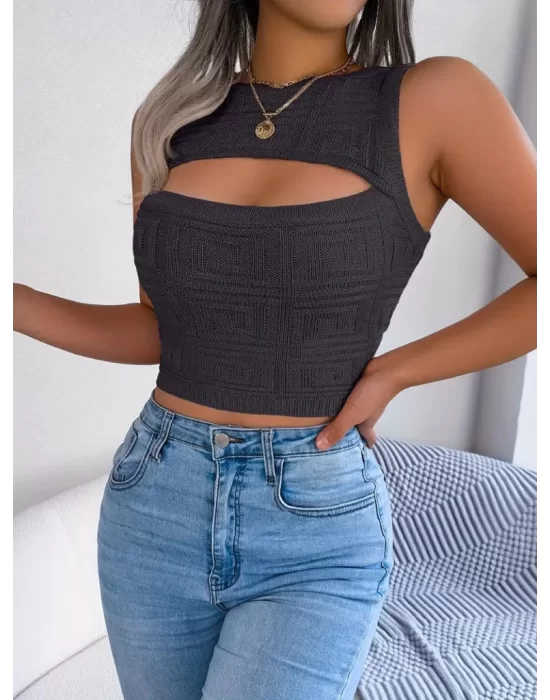 Kadın Kolsuz Bisiklet Yaka Güpüs Dekolteli Triko Crop Bluz