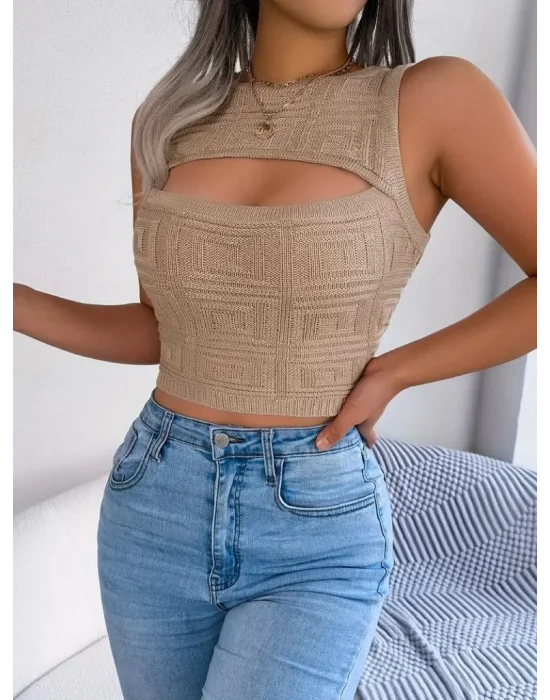 Kadın Kolsuz Bisiklet Yaka Güpüs Dekolteli Triko Crop Bluz