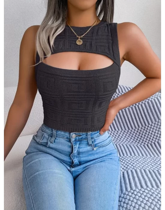 Kadın Kolsuz Bisiklet Yaka Güpüs Dekolteli Triko Crop Bluz