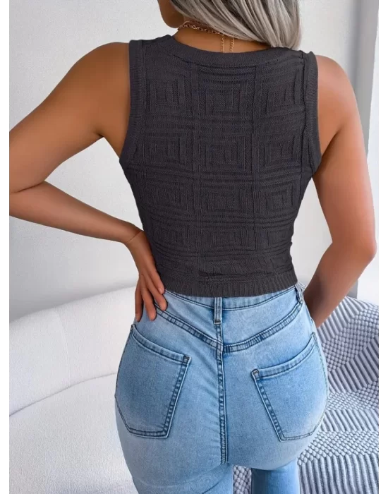 Kadın Kolsuz Bisiklet Yaka Güpüs Dekolteli Triko Crop Bluz