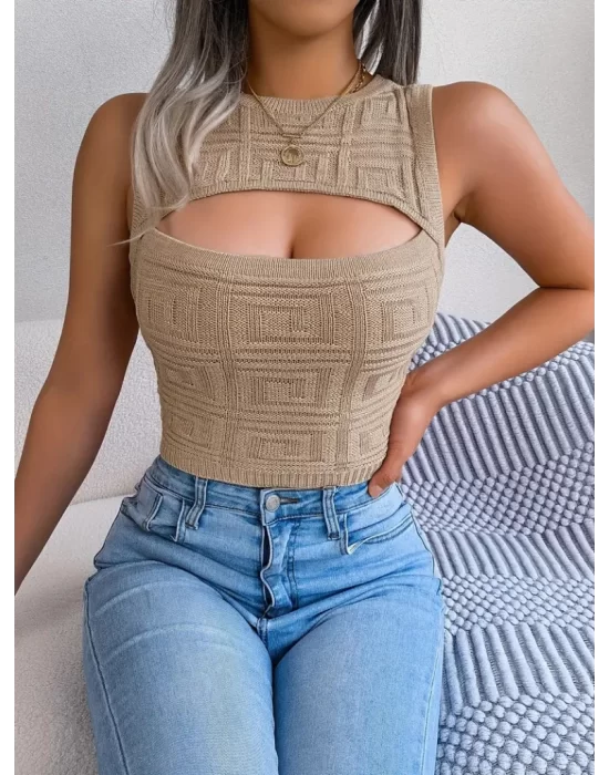 Kadın Kolsuz Bisiklet Yaka Güpüs Dekolteli Triko Crop Bluz