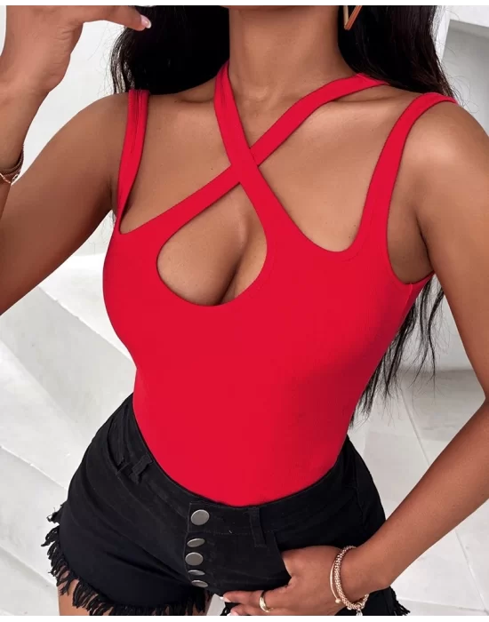 Kadın Kolsuz Boyundan çapraz Geçirmeli Göğüs Damla Detay Kaşkorse Bluz