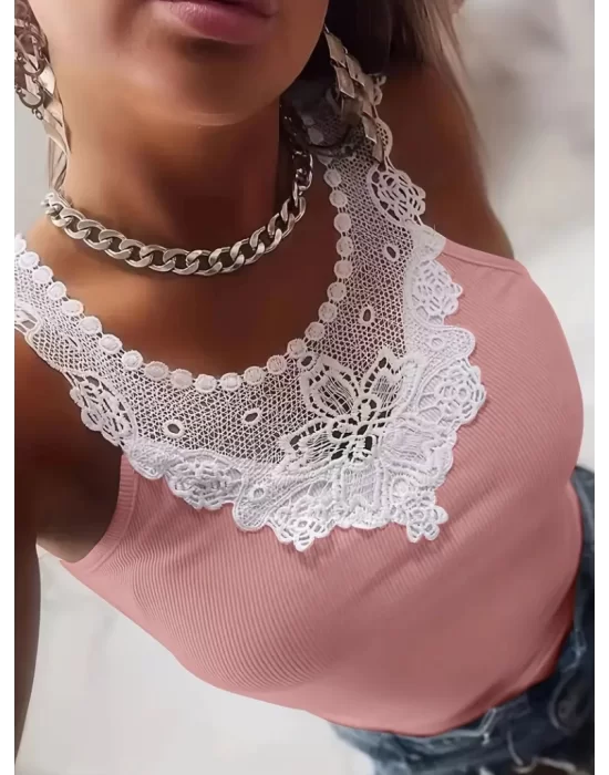 Kadın Kolsuz Dantel Yaka Kaşkorse Bluz