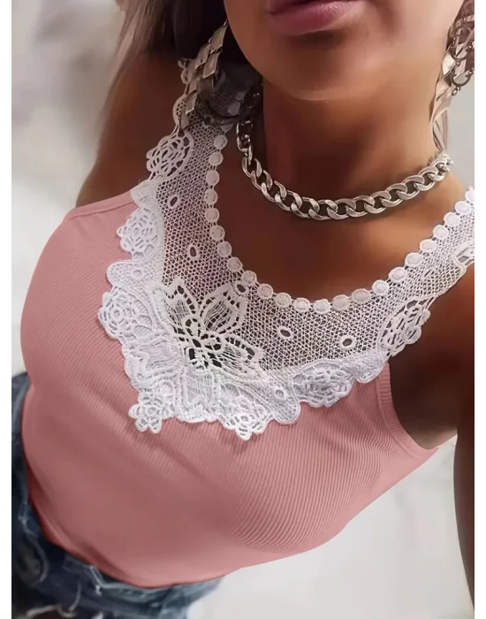 Kadın Kolsuz Dantel Yaka Kaşkorse Bluz