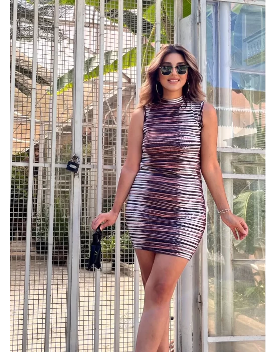 Kadın Kolsuz Desenli Mini Bodycon Dalgıç Elbise