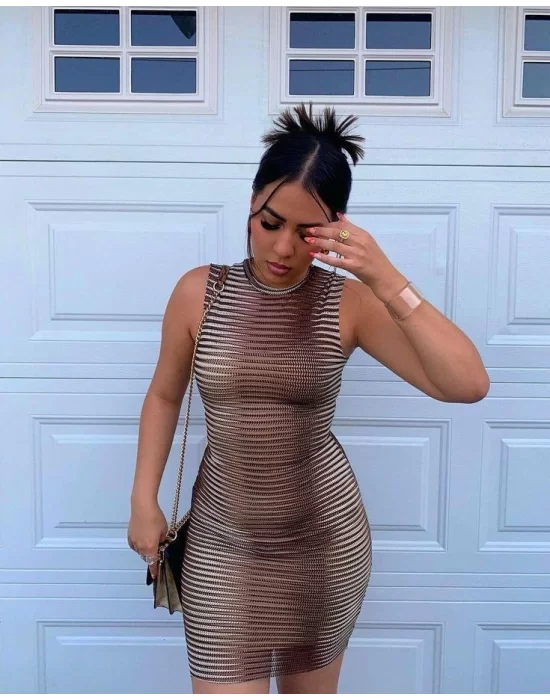 Kadın Kolsuz Desenli Mini Bodycon Dalgıç Elbise