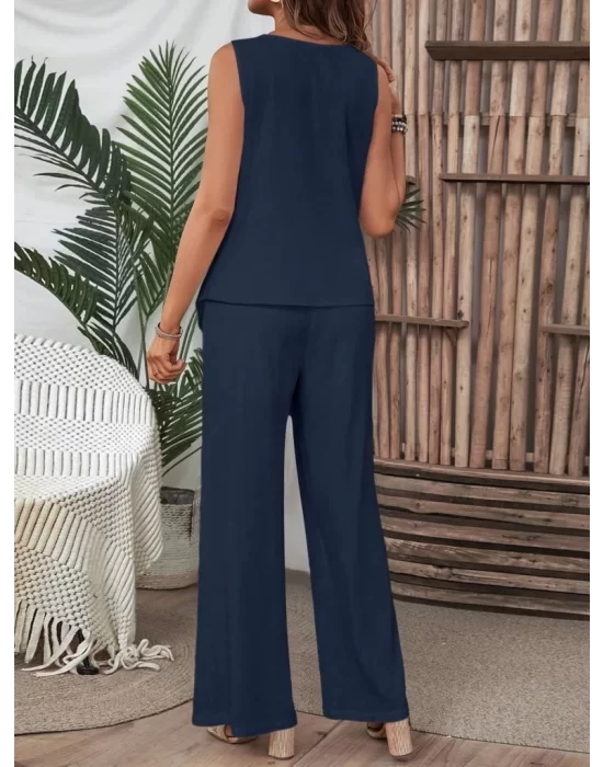 Kadın Kolsuz Düğmeli Asimetrik Detaylı Bürümcük Bluz Ve Pantolon Takım