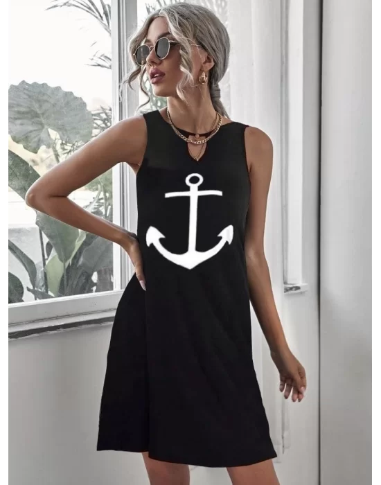 Kadın Kolsuz Halka Detay çıpa Baskılı Viskon Elbise
