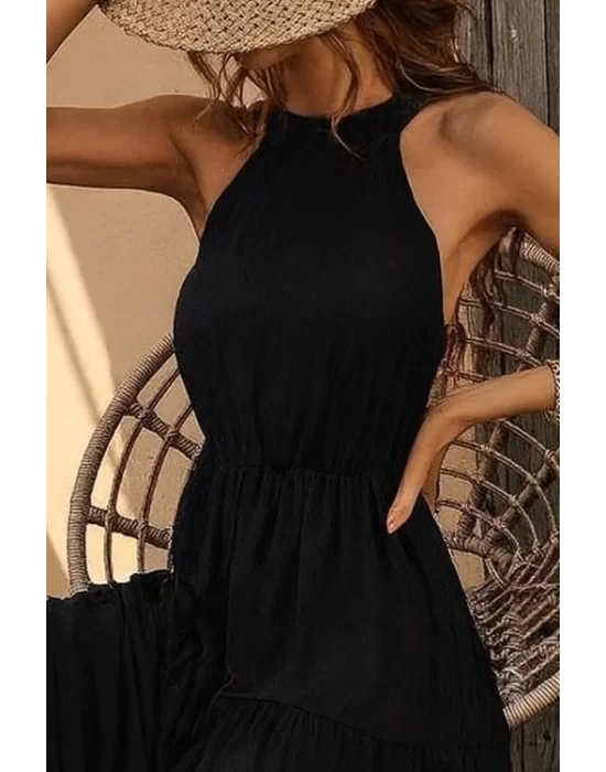 Kadın Kolsuz Halter Yaka Beli Lastiklidesenli Mikro Elbise