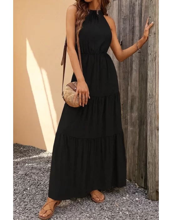 Kadın Kolsuz Halter Yaka Beli Lastiklidesenli Mikro Elbise