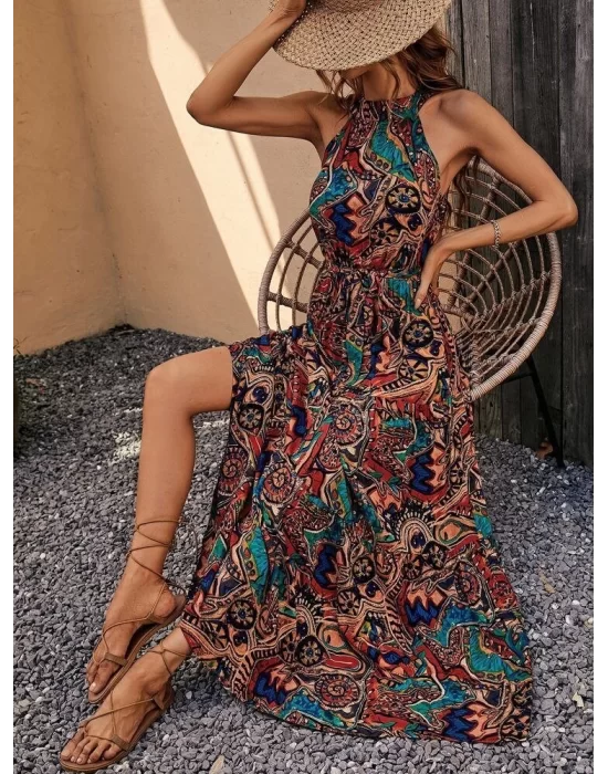 Kadın Kolsuz Halter Yaka Beli Lastikliotantik Desenli Mikro Kumaş Elbise