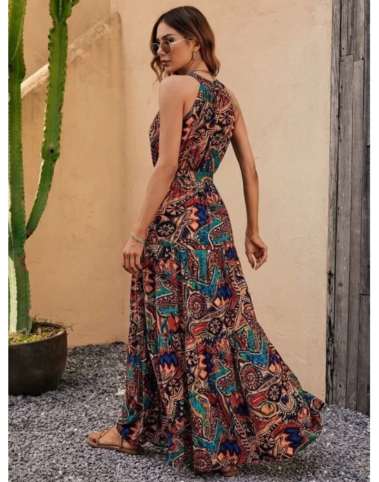 Kadın Kolsuz Halter Yaka Beli Lastikliotantik Desenli Mikro Kumaş Elbise