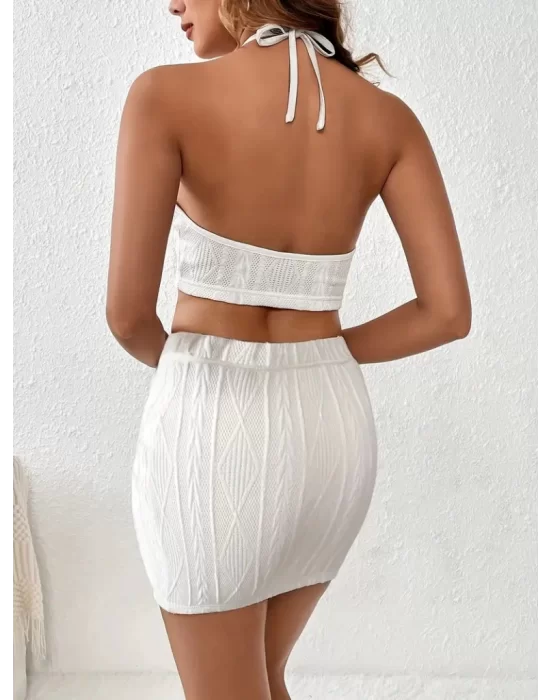 Kadın Kolsuz Mini Erer Crop Ikili Triko Takım