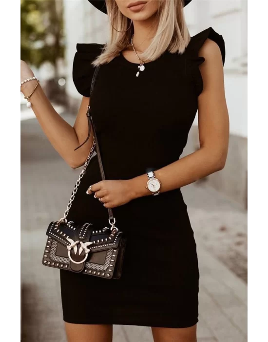 Kadın Kolsuz Omzu Volanlı Bisiklet Yaka Kaşkorse Mini Elbise