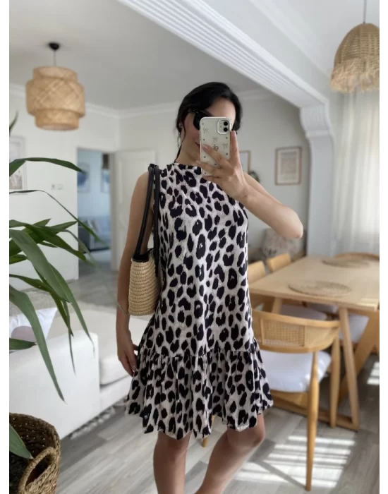 Kadın Kolsuz Sırttan Bağlamalı Fırfırlı Leopar Desenli Süprem Elbise