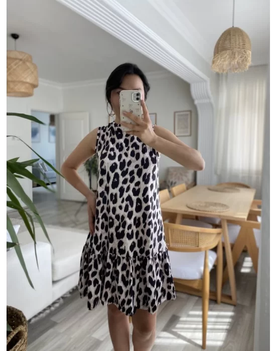 Kadın Kolsuz Sırttan Bağlamalı Fırfırlı Leopar Desenli Süprem Elbise