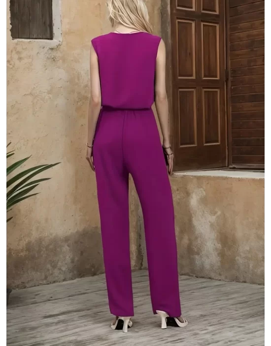 Kadın Kolsuz V Yakalı Aerobin Bluz Ve Belden Kuşaklı Pantolon Ikili Takım