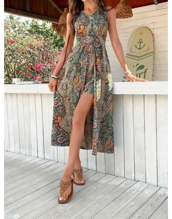 Kadın Kolsuz V Yakalı Desenli Süprem Tulum Elbise