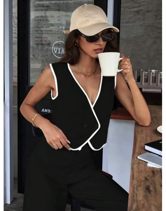 Kadın Kolsuz V Yakalı Düğmeli Ithal Krep Yelek Ve Pantolon Ikili Takım