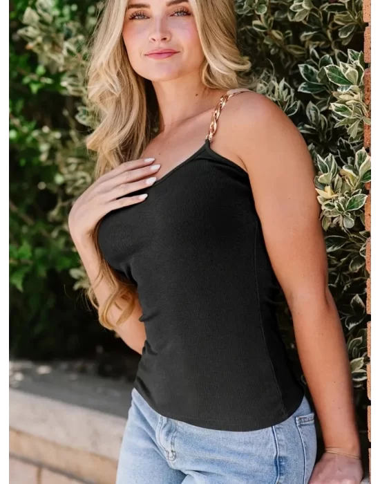 Kadın Kolsuz Zincir Askılı Kaşkorse Bodycon Bluz