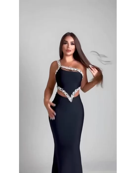 Kadın Komuz Ve Bel Dokelteli Taş Detay Dalgıç Kumaş Elbise