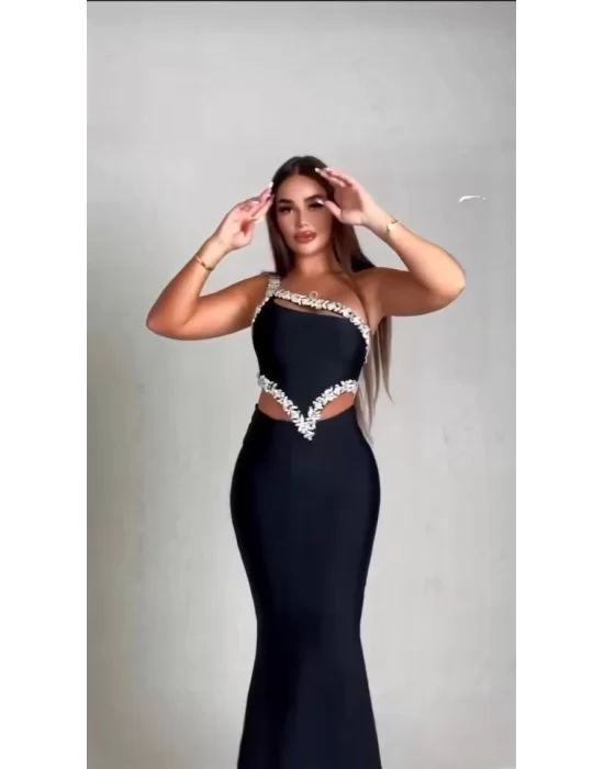 Kadın Komuz Ve Bel Dokelteli Taş Detay Dalgıç Kumaş Elbise