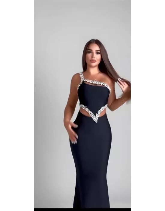 Kadın Komuz Ve Bel Dokelteli Taş Detay Dalgıç Kumaş Elbise