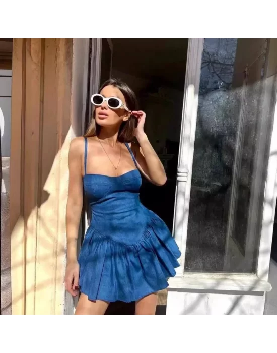 Kadın Kot Kumaş Göğüs Glop Detaylı Sırt Fermuarlı Mini Boy Elbise