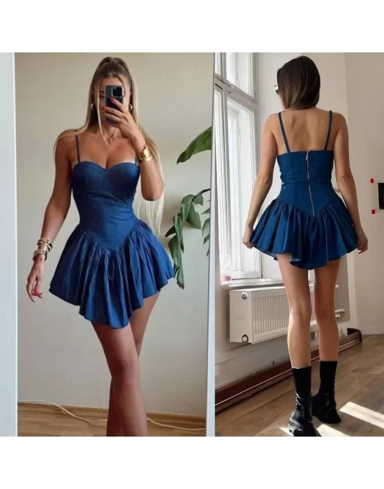 Kadın Kot Kumaş Göğüs Glop Detaylı Sırt Fermuarlı Mini Boy Elbise