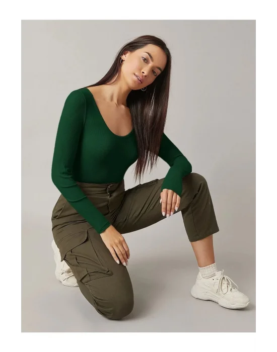 Kadın Koyu Yeşil Uzun Kollu Ipek Jarse Bodysuit