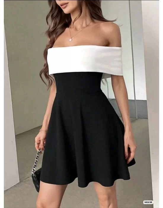 Kadın Krep Kumaş Omuzsuz Kloş Kesim Mini Elbise