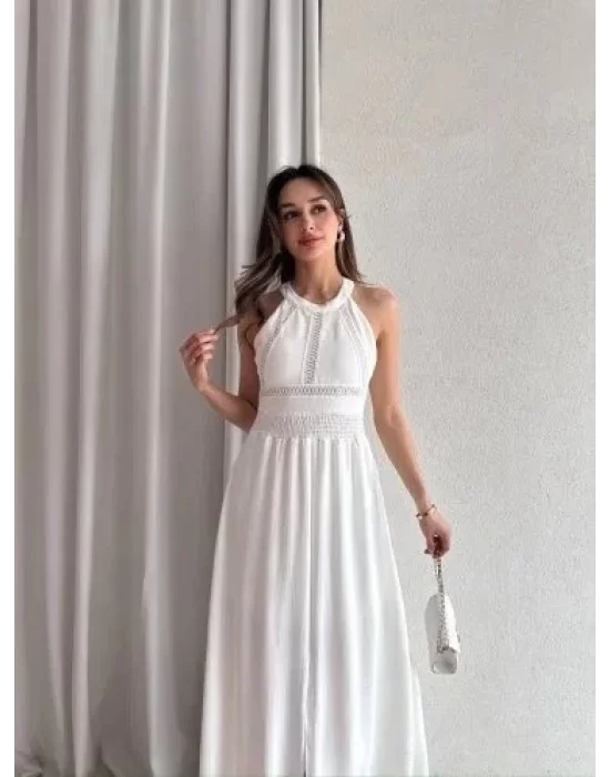 Kadın Krinkil Kumaş Beli Gipeli Halter Yaka Maxi Boy Elbise