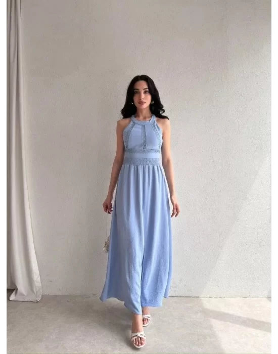 Kadın Krinkil Kumaş Beli Gipeli Halter Yaka Maxi Boy Elbise