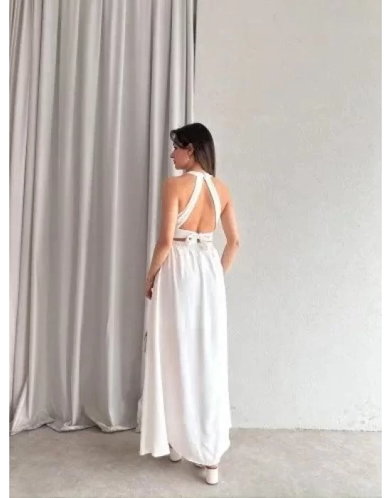 Kadın Krinkil Kumaş Beli Gipeli Halter Yaka Maxi Boy Elbise
