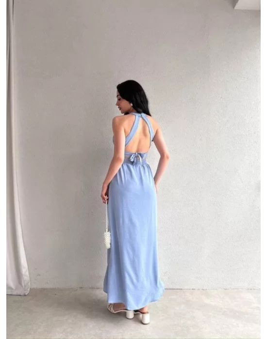 Kadın Krinkil Kumaş Beli Gipeli Halter Yaka Maxi Boy Elbise