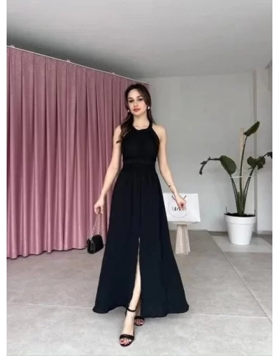 Kadın Krinkil Kumaş Beli Gipeli Halter Yaka Maxi Boy Elbise