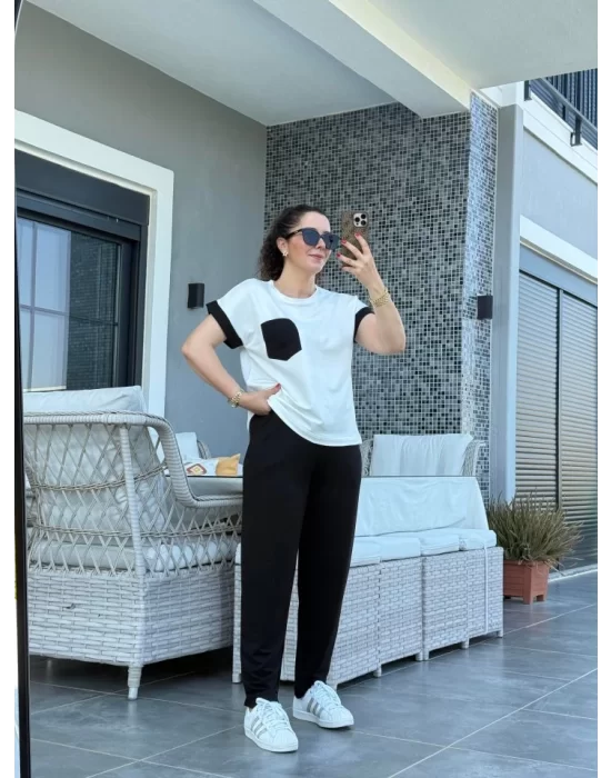 Kadın Kristal Kumaş Garnili Cep Detaylı Ikili Takım