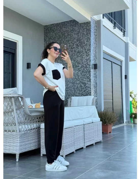 Kadın Kristal Kumaş Garnili Cep Detaylı Ikili Takım