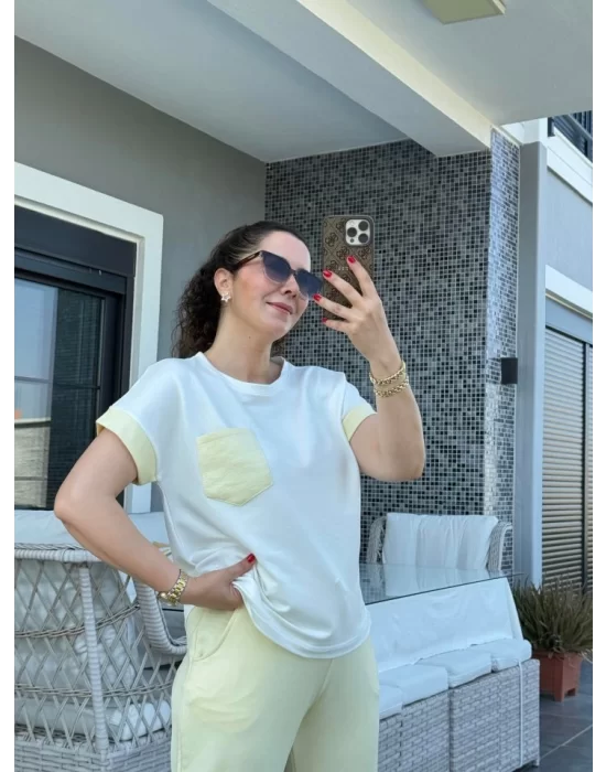 Kadın Kristal Kumaş Garnili Cep Detaylı Ikili Takım