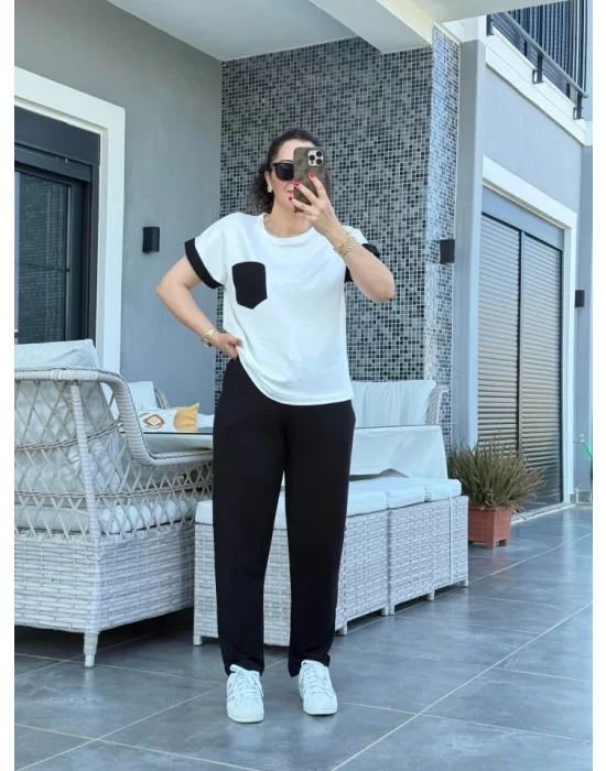 Kadın Kristal Kumaş Garnili Cep Detaylı Ikili Takım