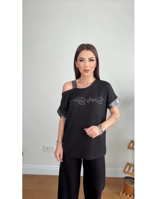 Kadın Kristal Kumaş Omuz Dekolteli Siyah Takım