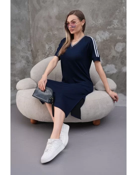 Kadın Kristal Kumaş şerit Ve Yırtmaç Detaylı V Yaka Midi Boy Elbise