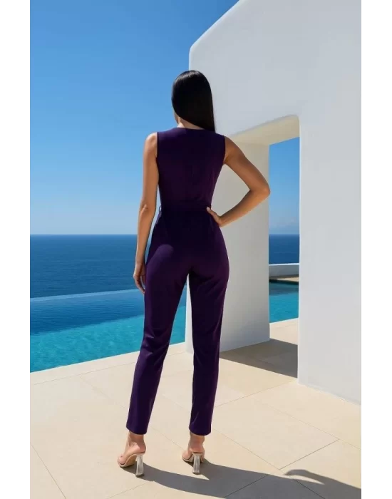 Kadın Kruvaze Yaka Dantel Güpür Ve Kuşak Detay Tulum
