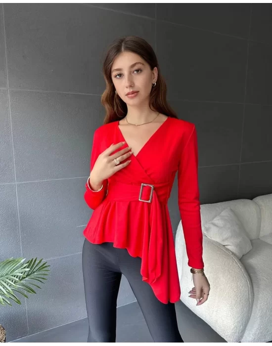 Kadın Kruvaze Yaka Kemer Detay Asimetrik Kesim Bluz