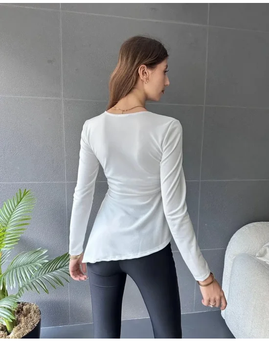 Kadın Kruvaze Yaka Kemer Detay Asimetrik Kesim Bluz